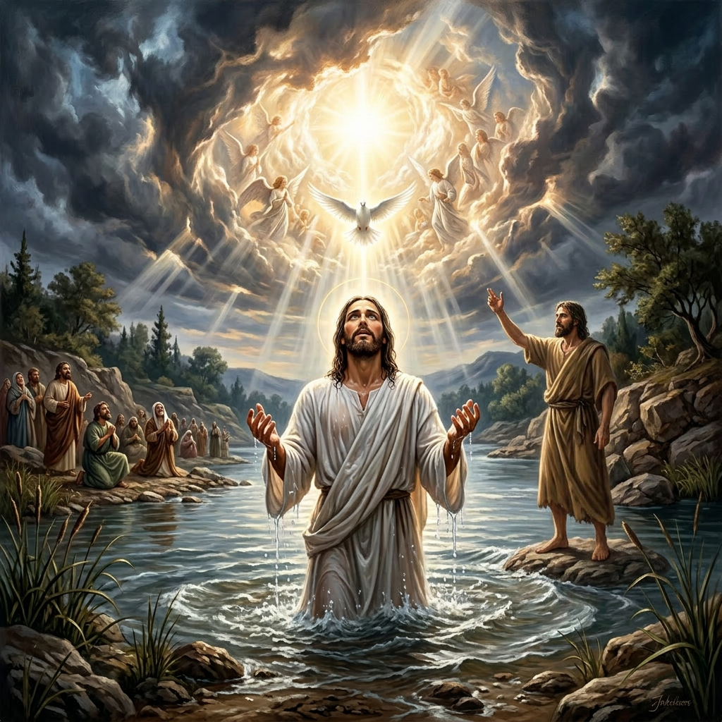 Jesus standing in a river with water dripping from his hands, looking upward at glowing divine figures and a white dove in the sky